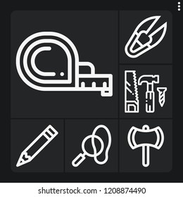 Set of 6 work outline icons such as ax, tool, measuring tape, detective, pencil