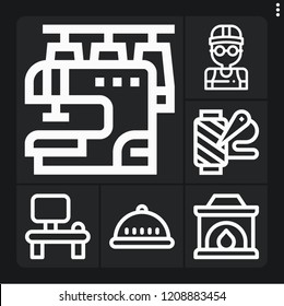 Set of 6 work outline icons such as helmet, architect, desk, spool of thread, sewing machine