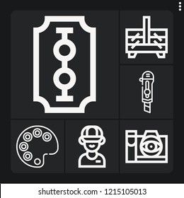 Set of 6 work outline icons such as cutter, employee, palette, thought camera, sewing box