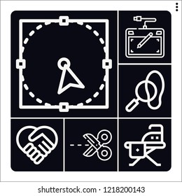 Set of 6 work outline icons such as select, drawing tablet, scissors, detective, ironing board