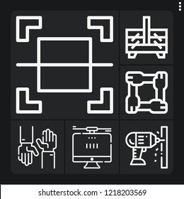 Set of 6 work outline icons such as drill, select, sewing box, computer, promise