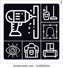 Set of 6 work outline icons such as view, drill, user, apron, air compressor