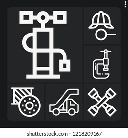 Set of 6 work outline icons such as clamp, air pump, stairs, cross wrench, detective