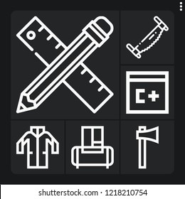 Set of 6 work outline icons such as saw, pencil, air compressor, lab coat, axe
