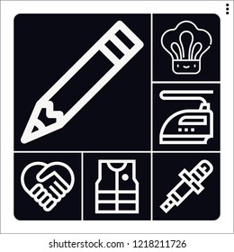 Set of 6 work outline icons such as spark plug, pencil, fishing vest, iron, handshake