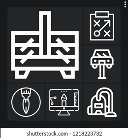 Set of 6 work outline icons such as paint brush, car repair, vacuum, sewing box, strategy