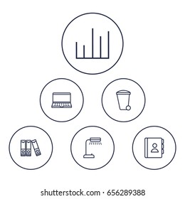 Set Of 6 Work Outline Icons Set.Collection Of Document Case, Telephone Directory, Reading-Lamp And Other Elements.