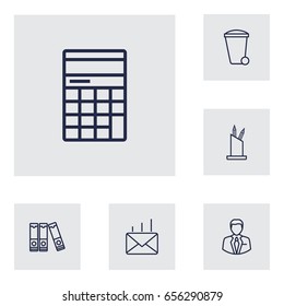 Set Of 6 Work Outline Icons Set.Collection Of Document Case, Recycle Bin, Counter And Other Elements.