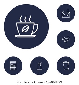 Set Of 6 Work Outline Icons Set.Collection Of Counter, Hot Drink, Pen Storage And Other Elements.
