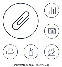 Set Of 6 Work Outline Icons Set.Collection Of Fastener Paper, Chart, Printing Machine And Other Elements.