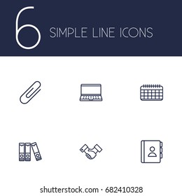 Set Of 6 Work Outline Icons Set.Collection Of Partnership, Telephone Directory, Date And Other Elements.