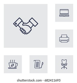 Set Of 6 Work Outline Icons Set.Collection Of Workplace, Notebook, Partnership And Other Elements.