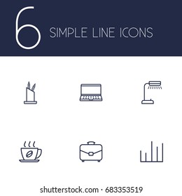 Set Of 6 Work Outline Icons Set.Collection Of Hot Drink, Notebook, Portfolio And Other Elements.