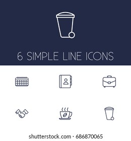 Set Of 6 Work Outline Icons Set.Collection Of Recycle Bin, Hot Drink, Portfolio And Other Elements.