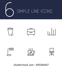 Set Of 6 Work Outline Icons Set.Collection Of Hot Drink, Recycle Bin, Portfolio And Other Elements.