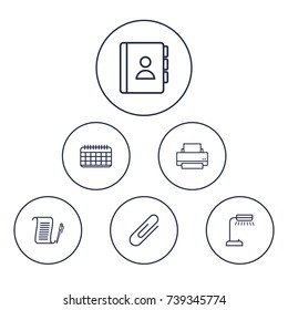 Set Of 6 Work Outline Icons Set.Collection Of Fastener Paper, Agreement, Reading-Lamp And Other Elements.