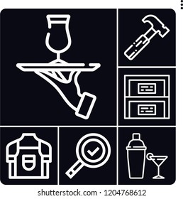 Set of 6 worker outline icons such as hammer, cocktail, cabinet, inspection