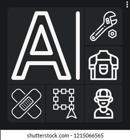 Set of 6 worker outline icons such as wrench, select, employee, apron, character