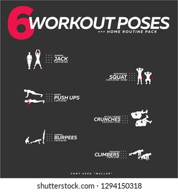 SET OF 6 WORKOUT POSES HOME ROUTINE EXERCISE PACK - MAN WORKING OUT - GYM SPORT COLLECTION - FITNESS ACTIVITY BODY - VECTOR ILLUSTRATION SILHOUETTE OUTLINE