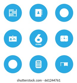 Set Of 6 Workspace Icons Set.Collection Of Time, Desktop, Book And Other Elements.