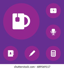 Set Of 6 Workspace Icons Set.Collection Of Cup, Time, Calculate And Other Elements.