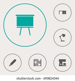 Set Of 6 Workspace Icons Set.Collection Of Desktop, Illuminator, Blackboard And Other Elements.