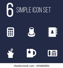 Set Of 6 Workspace Icons Set.Collection Of Cup, Flower, Book And Other Elements.