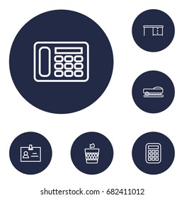 Set Of 6 Workspace Outline Icons Set.Collection Of Staple, Wastebasket, Badge Id And Other Elements.
