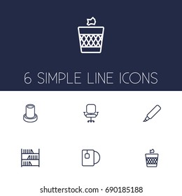 Set Of 6 Workspace Outline Icons Set.Collection Of Tea, Marker, Chair And Other Elements.