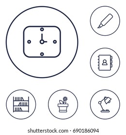 Set Of 6 Workspace Outline Icons Set.Collection Of Table Lamp, Flowerpot, Wall Clock And Other Elements.
