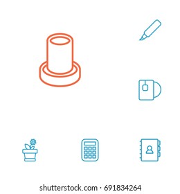 Set Of 6 Workspace Outline Icons Set.Collection Of Pencil, Tea, Flowerpot And Other Elements.