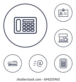 Set Of 6 Workspace Outline Icons Set.Collection Of Staple, Telephone, Coffee Maker And Other Elements.