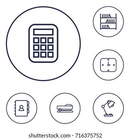 Set Of 6 Workspace Outline Icons Set.Collection Of Book, Staple, Wall Clock And Other Elements.