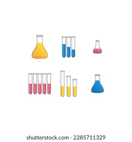 Set of 6 yellow, blue, pink flasks and test tubes simple icons illustration. Lab equipment vector illustration.
