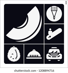 Set of 6 yellow filled icons such as helmet, durian, melon, pencil, taxi