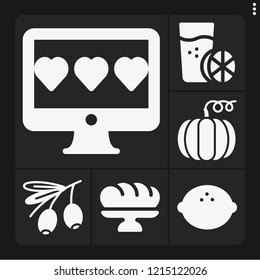 Set of 6 yellow filled icons such as olive, pumpkin, rating, baguette, lemon