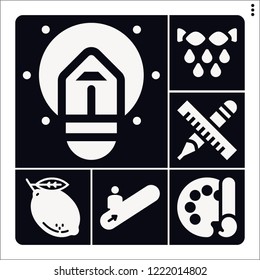 Set of 6 yellow filled icons such as lemon, squeeze, escalator, color palette, idea