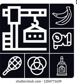 Set of 6 yellow outline icons such as bananas, crane, glue, rgb, treasure map