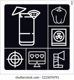 Set of 6 yellow outline icons such as tequila sunrise, bell pepper, rating, registration mark, radioactivity