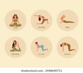 Set of 6 yoga poses or asana posture in flat design. Young women in various poses practice yoga. Vector illustration EPS 10