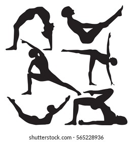 Set Of 6 Yoga Positions Black Vector Silhouettes Illustration