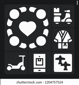 Set of 6 young filled icons such as scooter, smartphone, kick scooter, flight, group