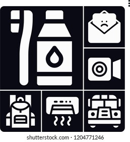Set of 6 young filled icons such as school bus, feedback, backpack, tooth brush, air conditioner