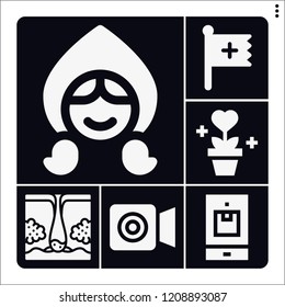 Set of 6 young filled icons such as christian, dermis, smartphone, little red riding hood, plant