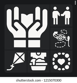 Set of 6 young filled icons such as eye, soak, kite, group, relationship
