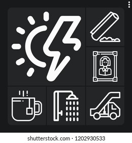 Set of 6 young outline icons such as tea, sun energy, shower, portrait, stairs