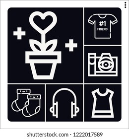 Set of 6 young outline icons such as thought camera, socks, best friend, plant, dress