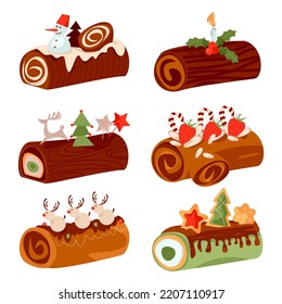 Set von 6 Yule log cakes (Bûche de Noël). Traditioneller französischer Weihnachtskuchen). Vektorgrafik

