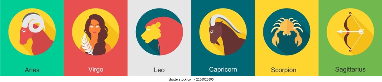 A set of 6 zodiac icons as aries, virgo, leo
