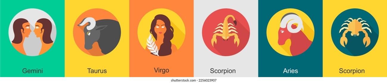 A set of 6 zodiac icons as gemini, taurus, virgo